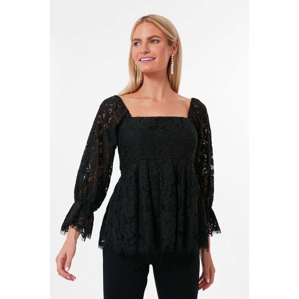 Pomander Place Danielle Black Floral Lace Square Neck Peplum Top‎ XS
